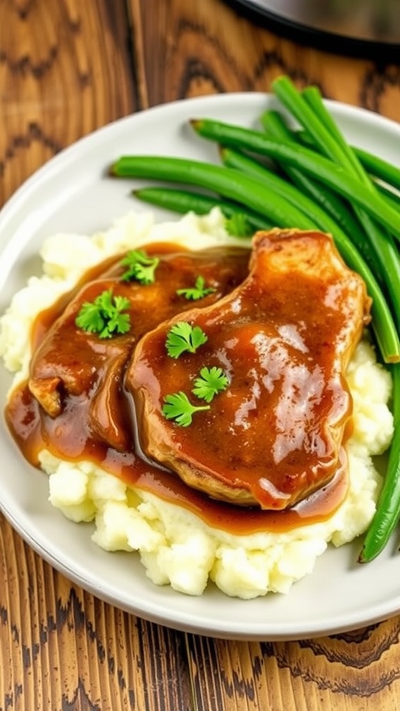 Tender pork chops in gravy over mashed potatoes with green beans on a rustic table.